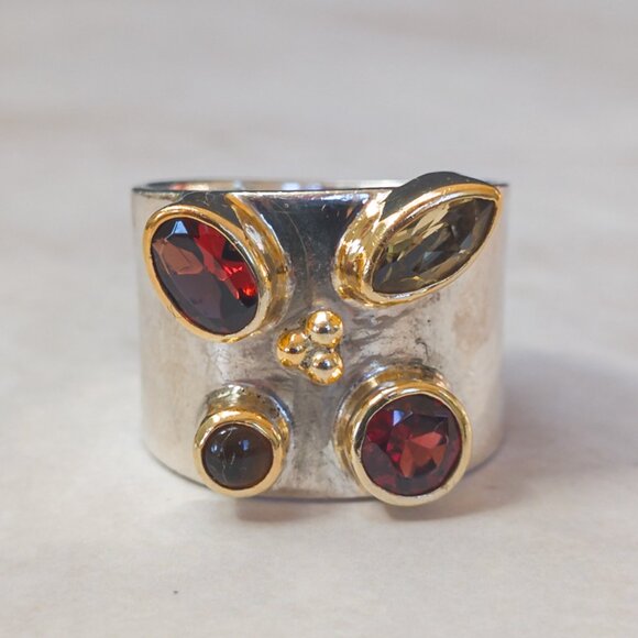 Michou Sterling & 22k Vermeil Wide-Band Ring w / Garnet, Citrine & Amber - Picture 5 of 13